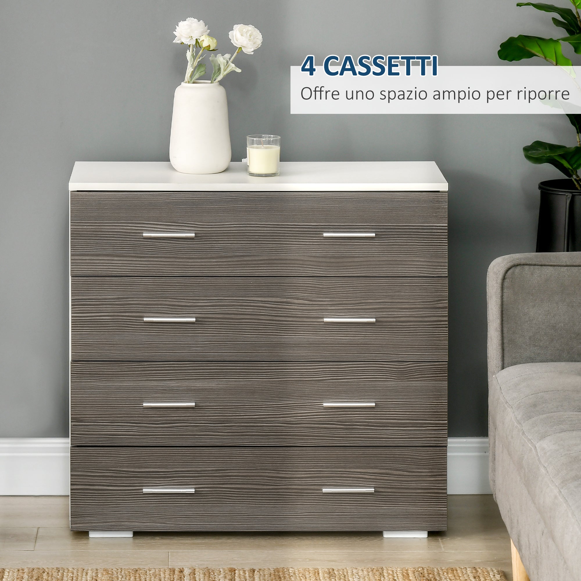 drawers with 4 drawers with aluminum handles and wooden structure, 76x35x72cm, Grey white - Borgè