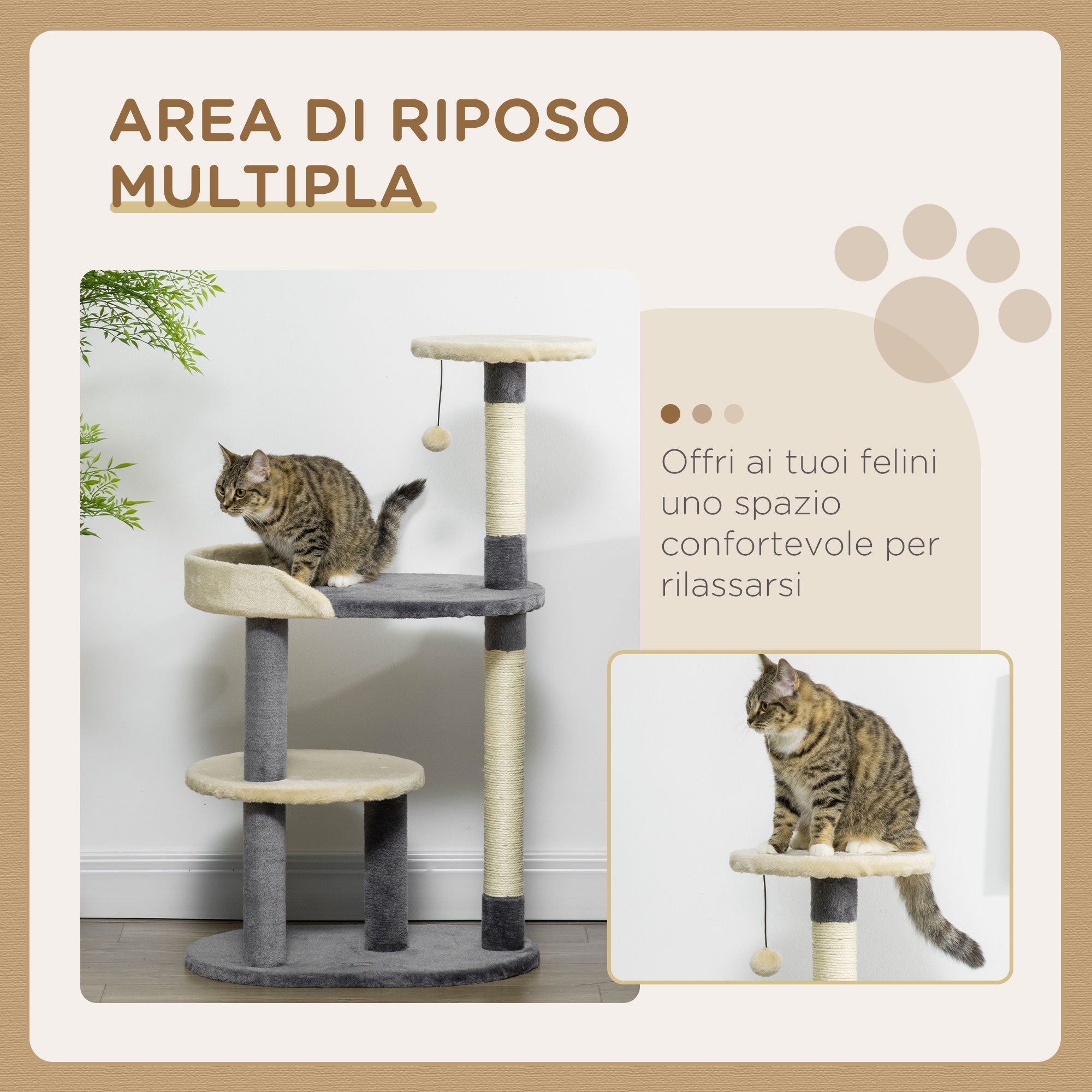 3-Tier Cat Tree with Sisal Posts and Height 105cm, Grey - Borge' Group Limited