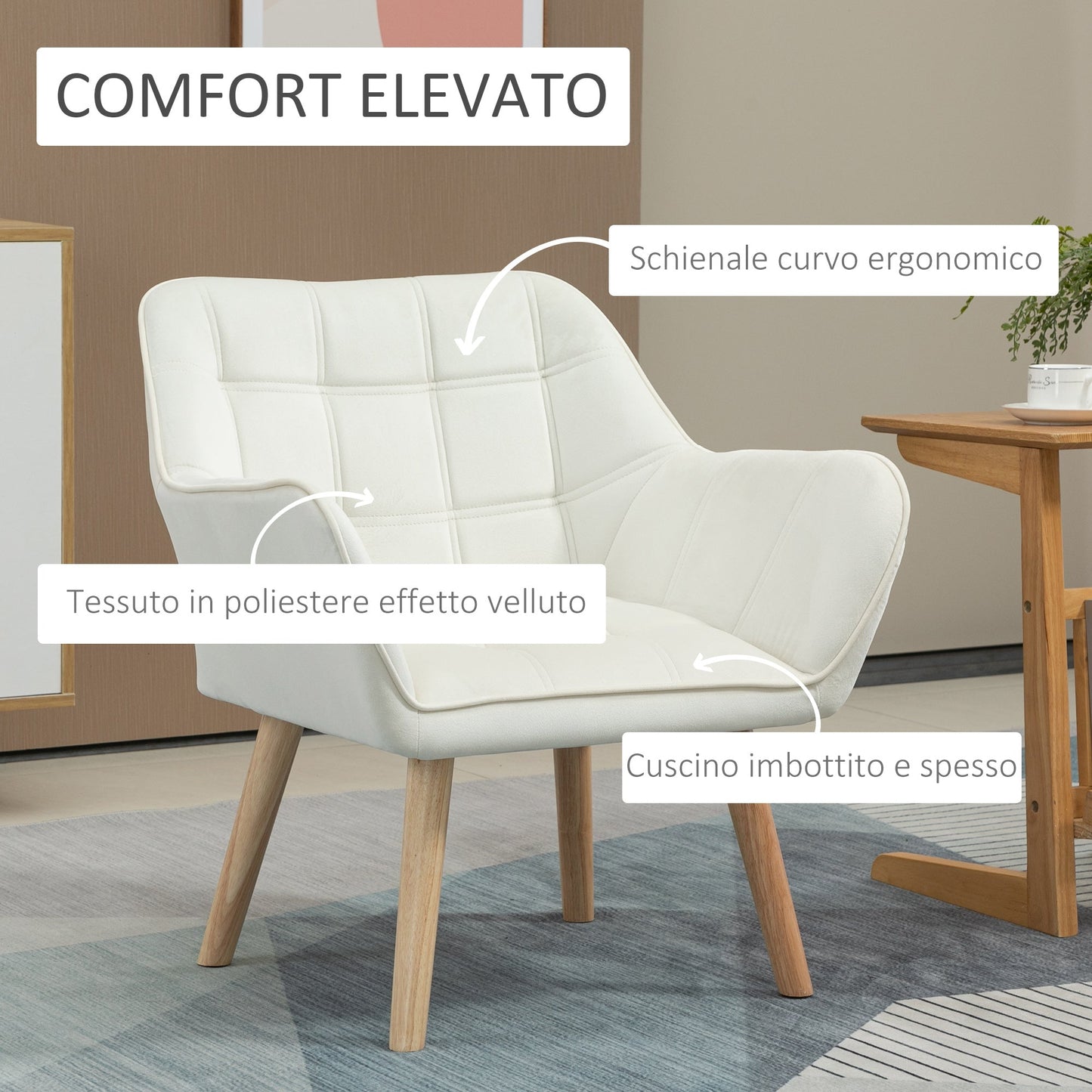 TROMSO | Nordic Design Armchair In Wood and Cream Velvet Effect, For Living Room or Office | 68.5x61x72.5 cm - Borgè