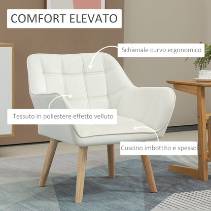 TROMSO | Nordic Design Armchair In Wood and Cream Velvet Effect, For Living Room or Office | 68.5x61x72.5 cm - Borgè