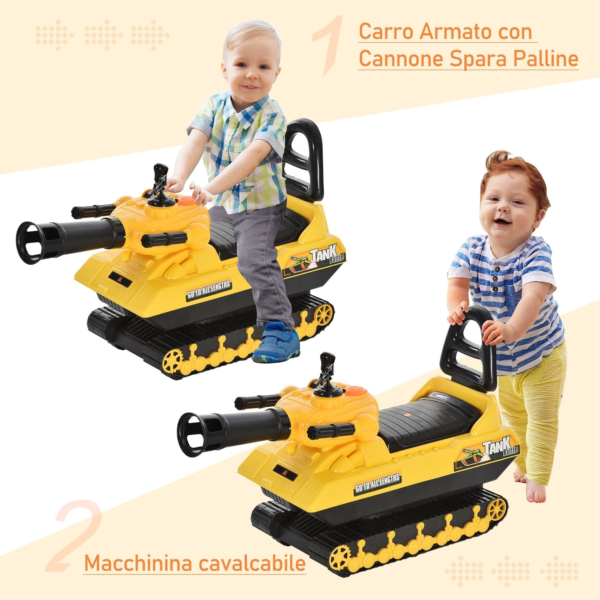 Carmente Children with cannon shoots balls and container compartment, rideable games for children +3 years old, yellow - Borgè