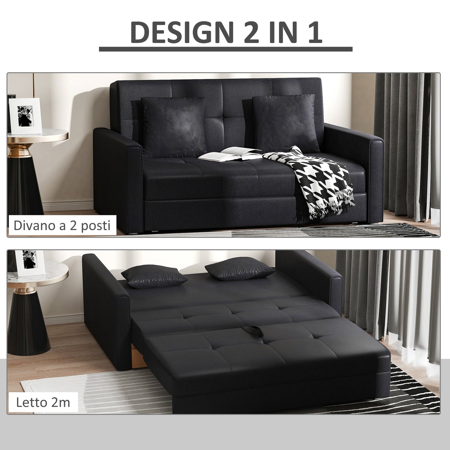 Sofa bed with storage space / 2 seater Sofa for living room and bedroom, in polycotone and rubber, dark Grey/Black - Borgè