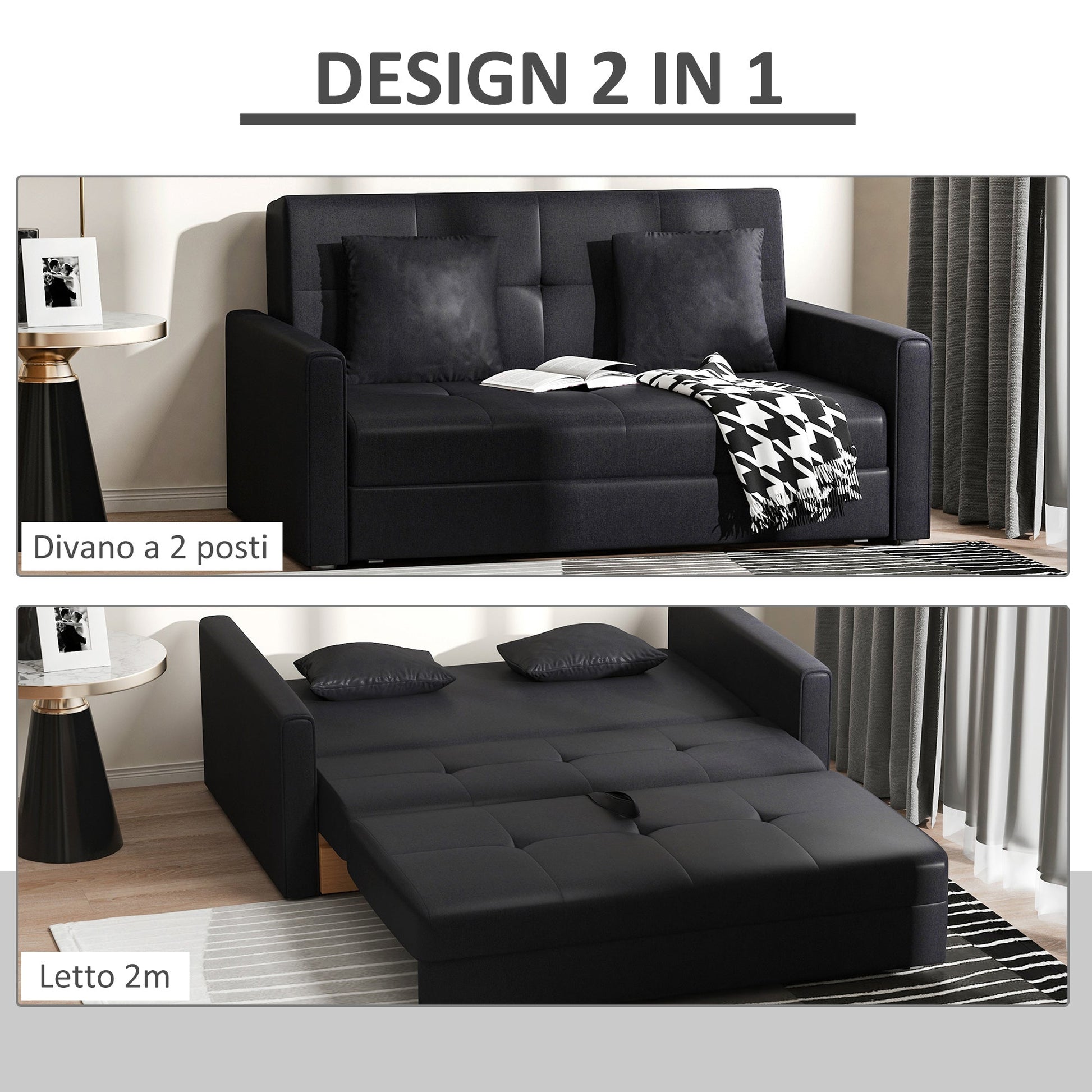 Sofa bed with storage space / 2 seater Sofa for living room and bedroom, in polycotone and rubber, dark Grey/Black - Borgè