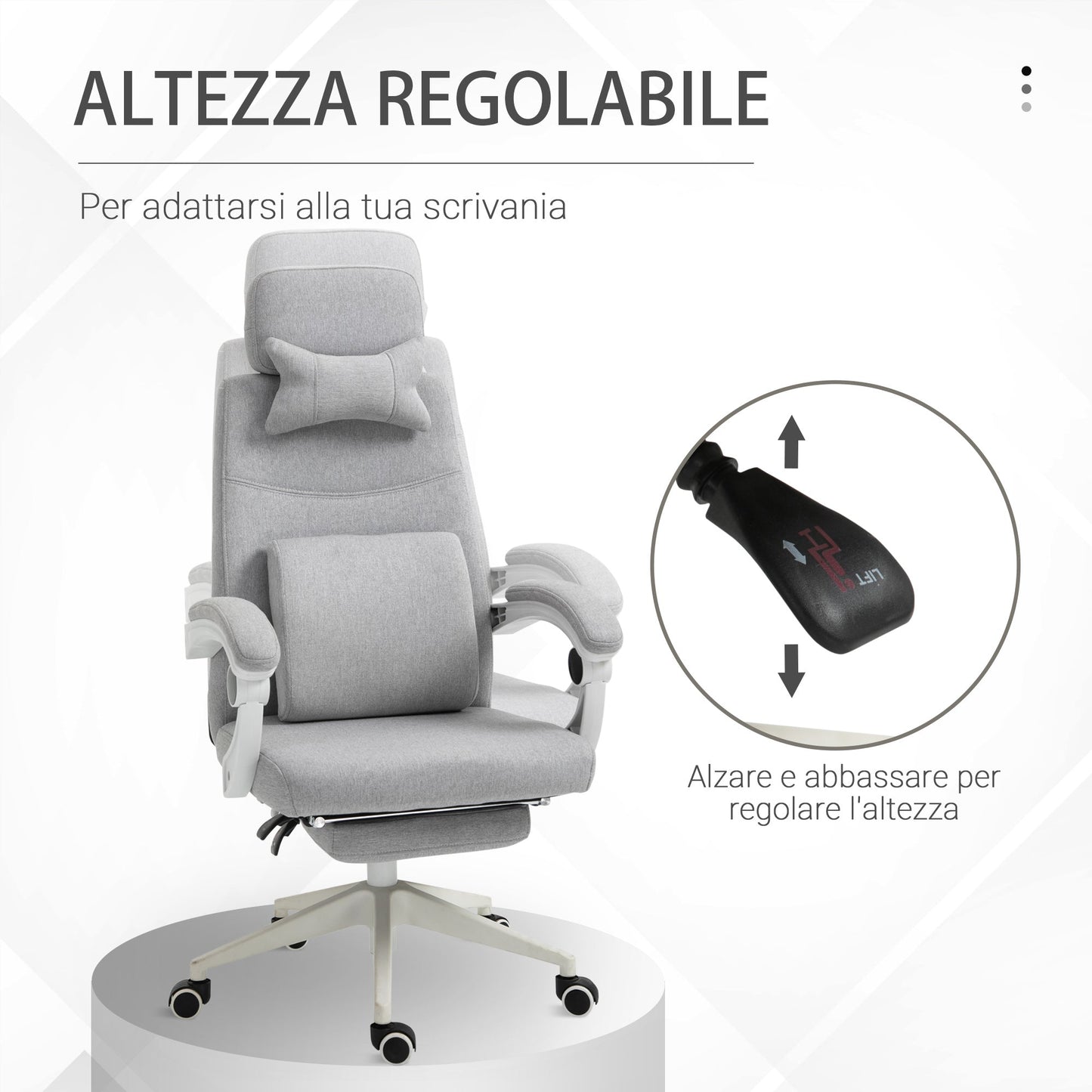 Ergonomic office armchair, lumbar cushion, pest and removable footrest, Grey 62x68x117-127cm - Borgè