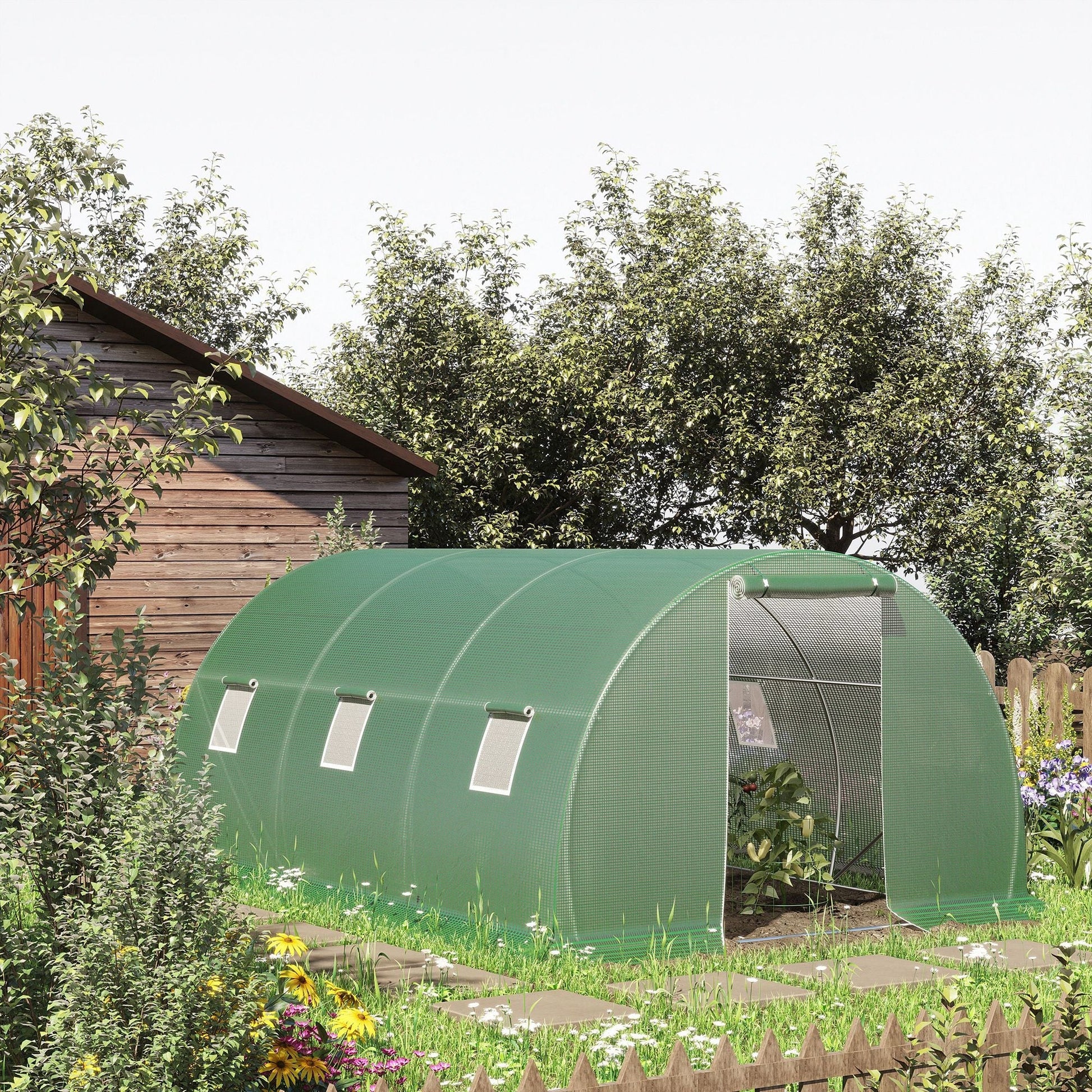 Outsunny 4.5x3x2m Outdoor Tunnel Greenhouse with PE Cover, Zippered Door and 6 Windows, Green - Borgè