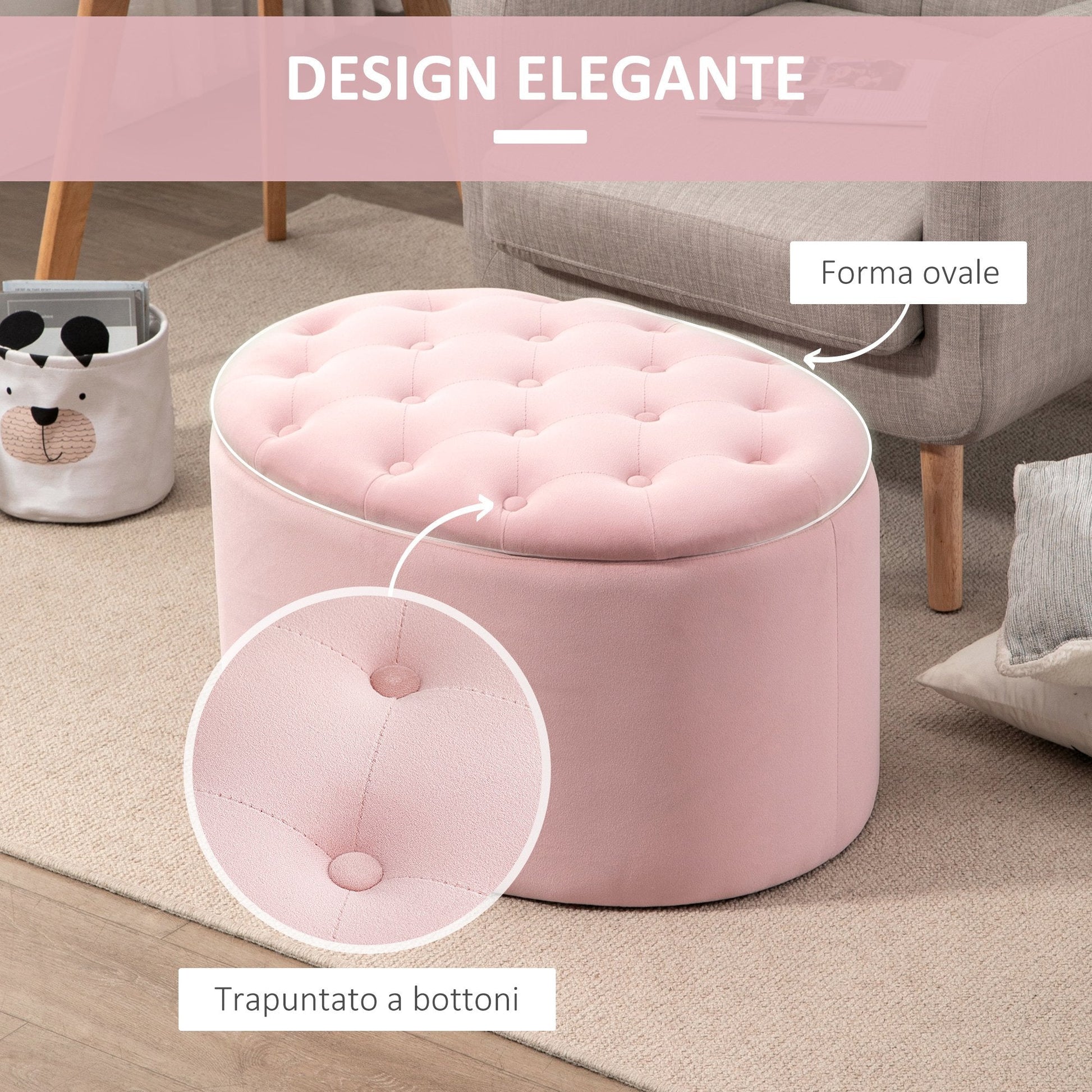 Pouf Padded oval container and velvet quilt, 71x52x42cm, Rosa - Borgè