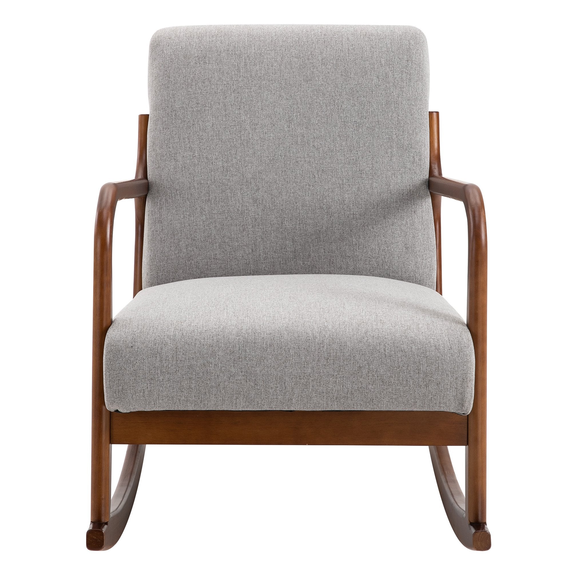 padded rocking armchair, vintage wooden design and Grey linen, for interiors, office, living room, 64x86x80cm - Borgè