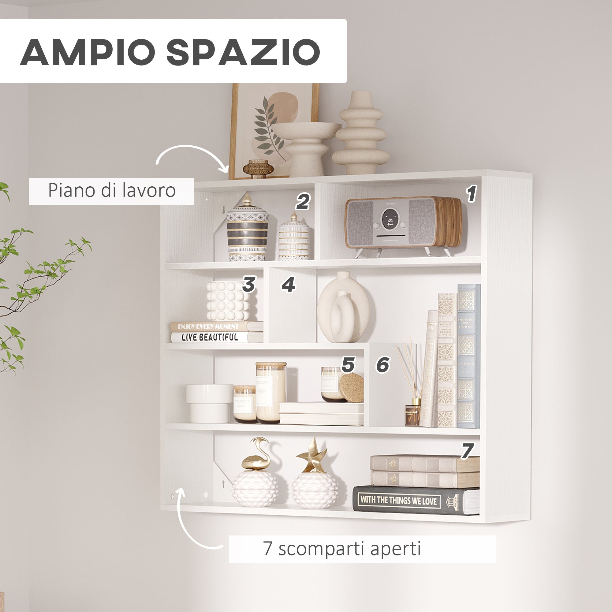 Homonda Modern Wooden Wall Library at 4 levels, 94x19.5x80cm, White - Borgè