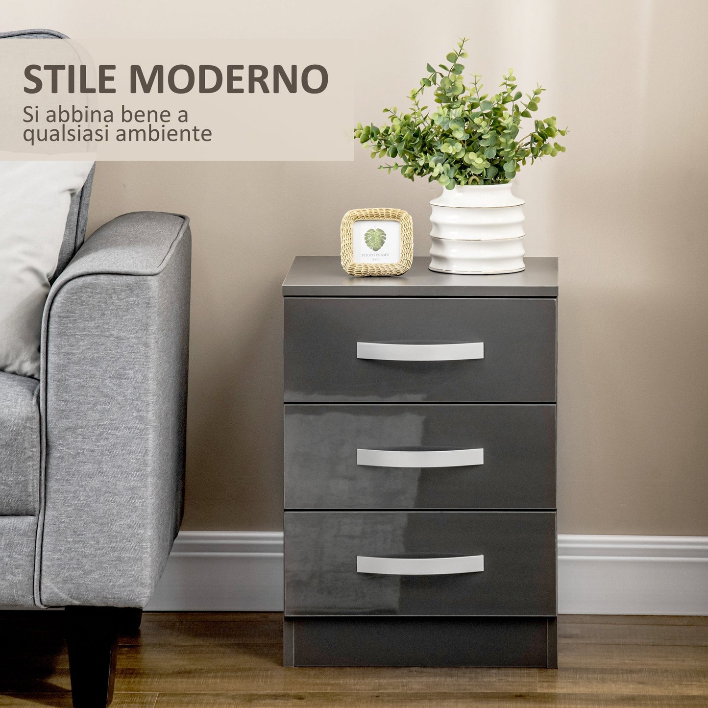 Set 2 modern bedside tables with 3 drawers for bedroom and living room in chipboard, 40x36x56 cm, Grey - Borgè