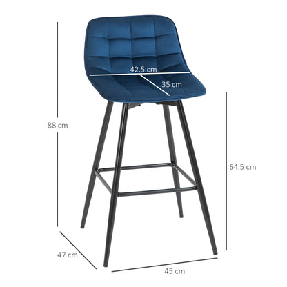 Set of 2 Bar Stools with Backrest and Footrest, Nordic Style High Upholstered Chairs in Metal and Velvet, Blue, 45x47x88cm - Borgè