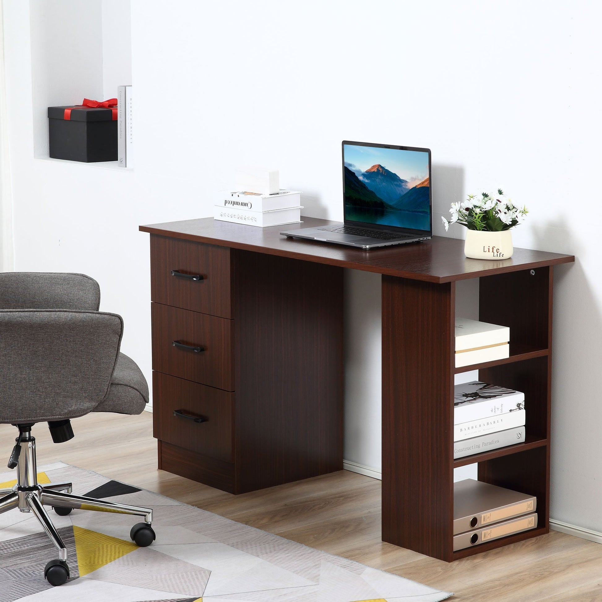 Office desk with 3 drawers and 3 wooden shelves, 120x49x72cm, walnut - Borgè