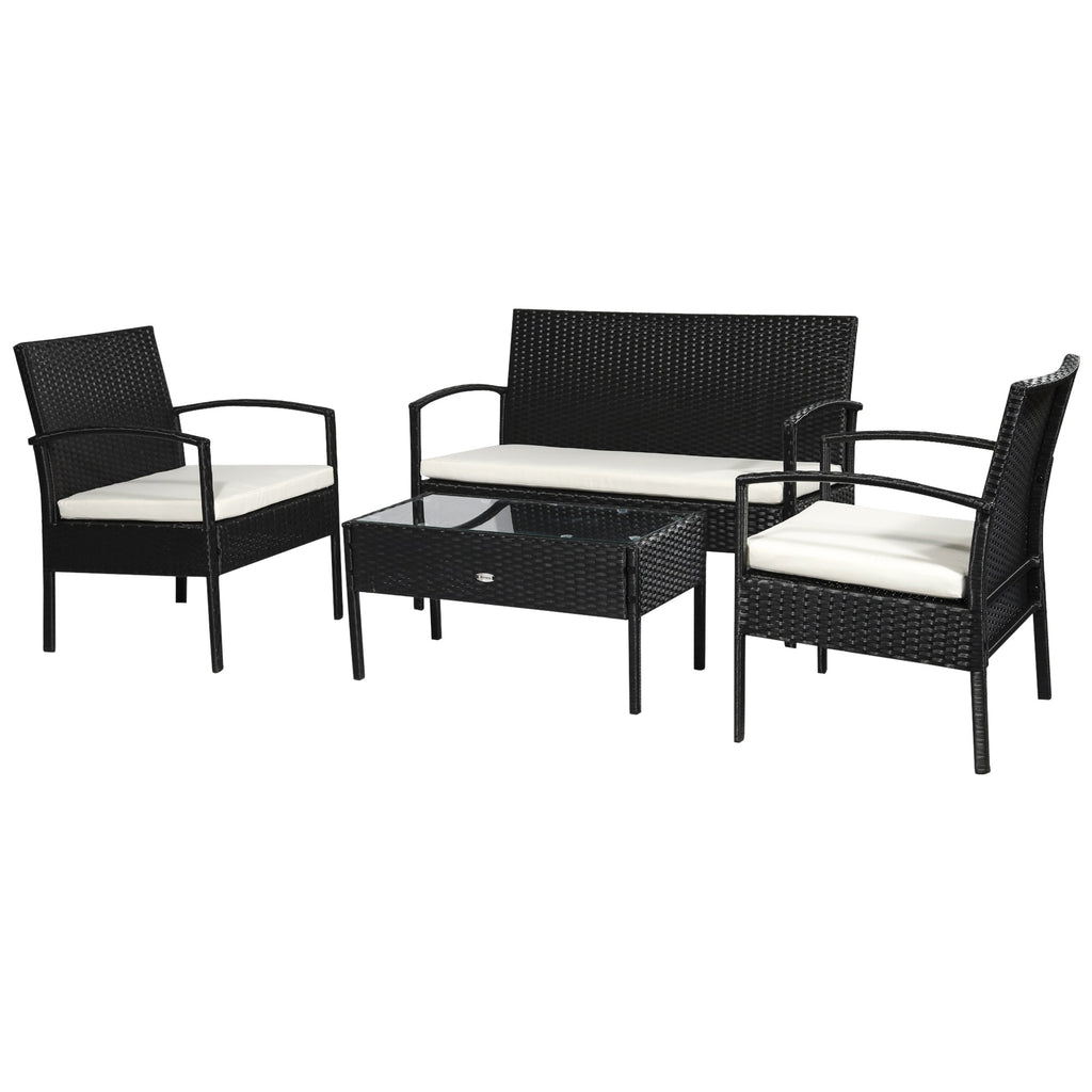 Outdoor Set 4 Piece PE Rattan with Garden Table, 2 Armchairs and 2 Seater Sofa, Black and Cream - Borge' Group Limited