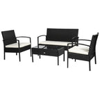 Outdoor Set 4 Piece PE Rattan with Garden Table, 2 Armchairs and 2 Seater Sofa, Black and Cream - Borge' Group Limited