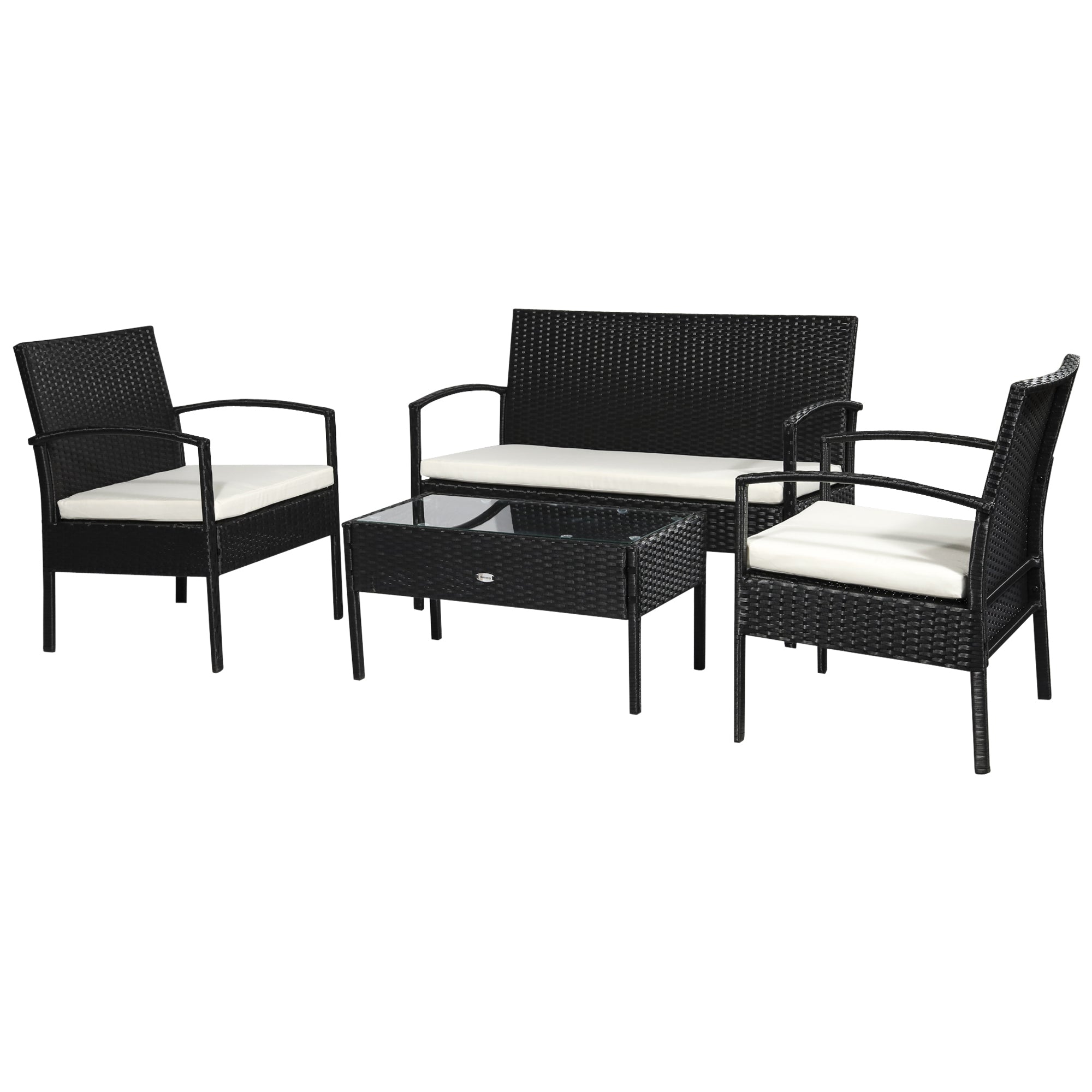 Outdoor Set 4 Piece PE Rattan with Garden Table, 2 Armchairs and 2 Seater Sofa, Black and Cream - Borge' Group Limited