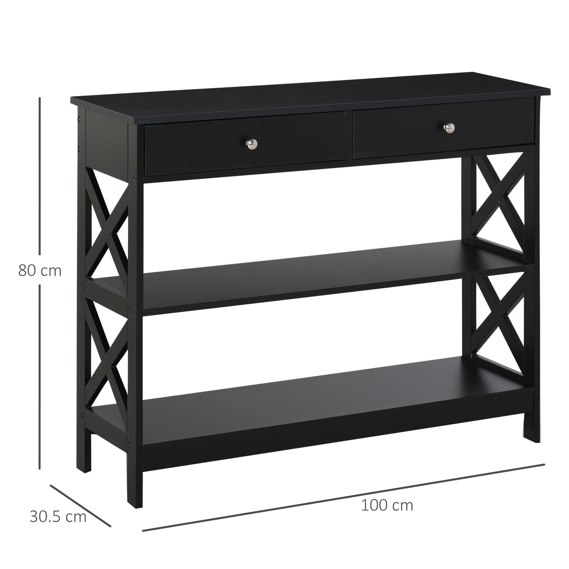 table console with 2 drawers and 2 shelves, entrance hall and living room in mdf, 100x30.5x80cm, black - Borgè