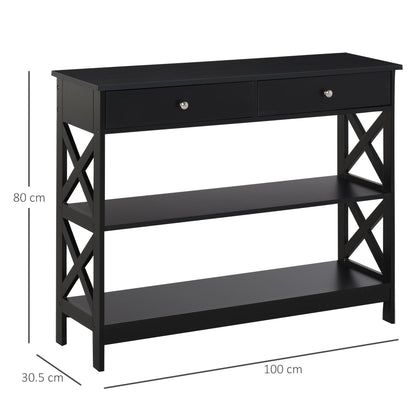 table console with 2 drawers and 2 shelves, entrance hall and living room in mdf, 100x30.5x80cm, black - Borgè