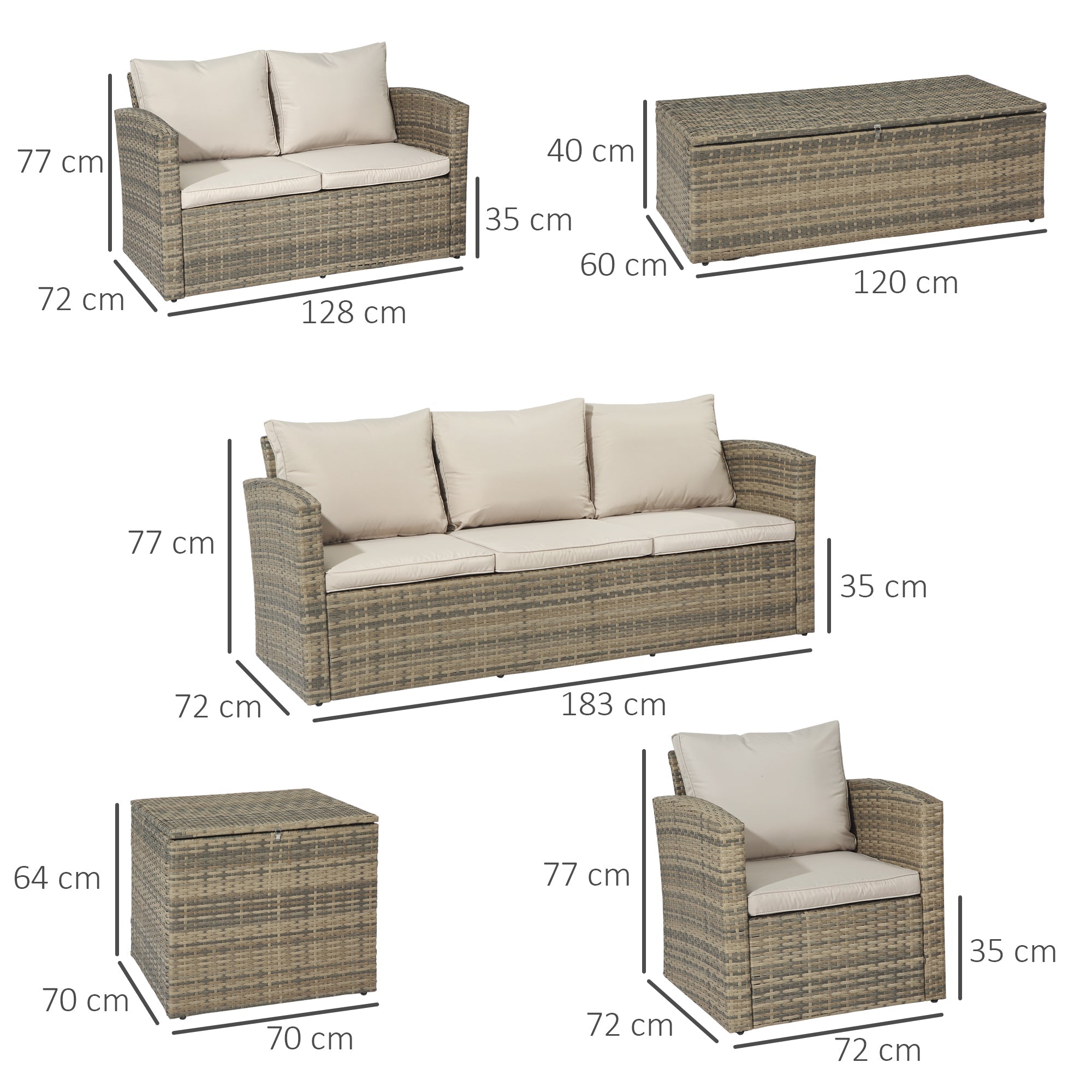 Garden Furniture Set 6 Piece Rattan Garden Furniture Set with Sofas, Armchairs and Storage Tables, Beige - Borge' Group Limited