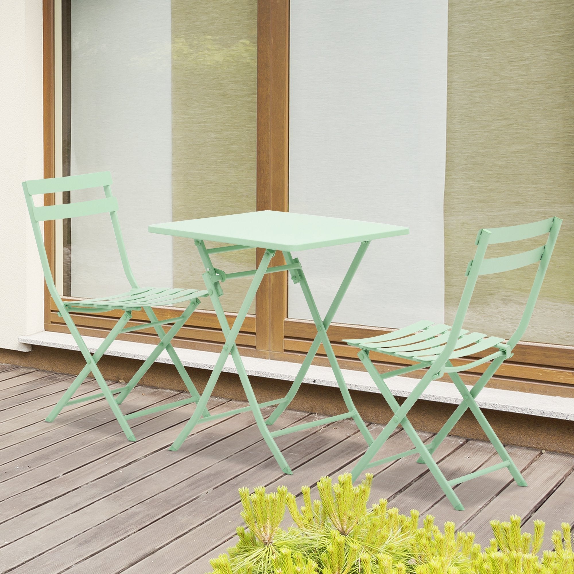 Green Metal Garden and Outdoor Table and Chair Set, 3-Piece Folding and Space-Saving Set - Borge' Group Limited
