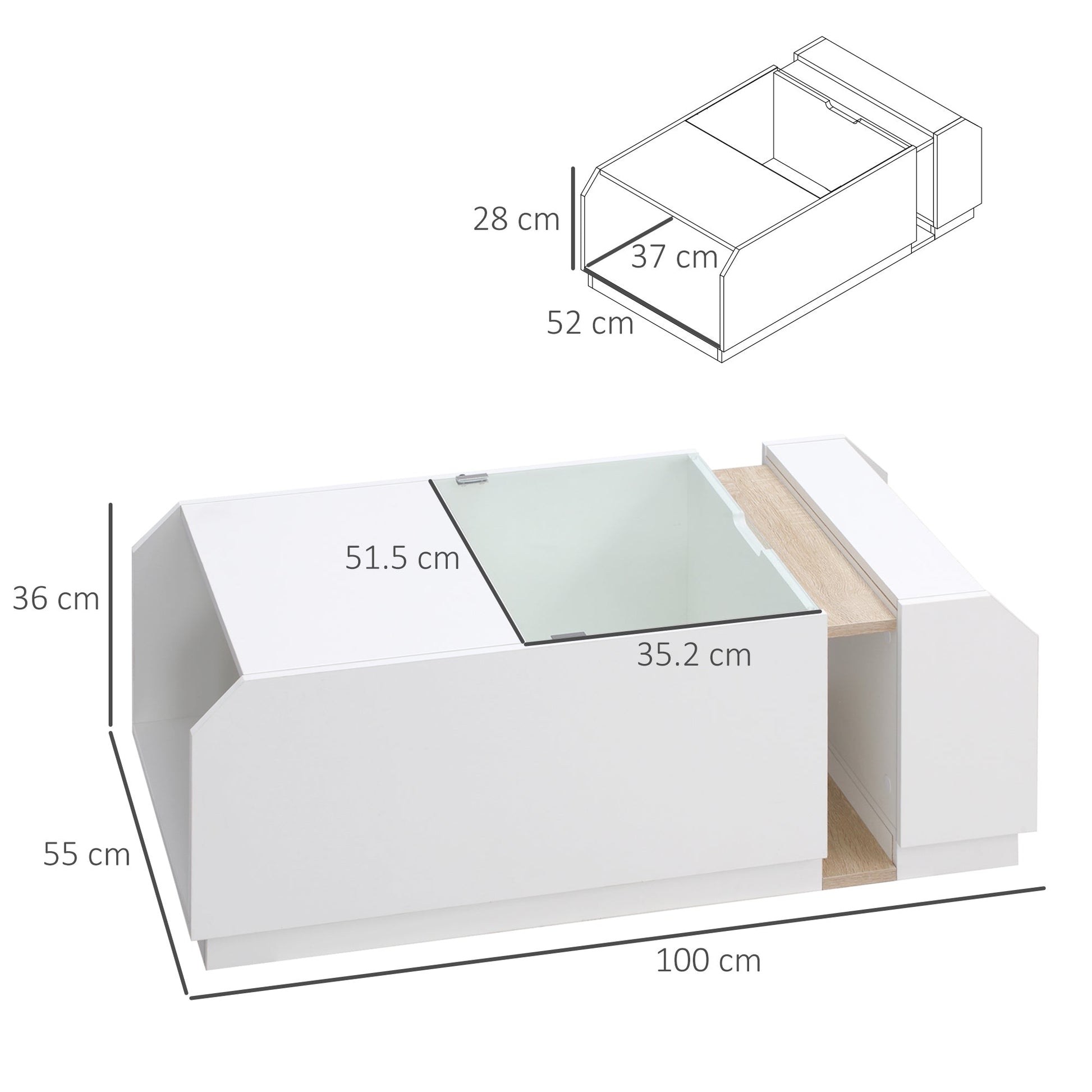 Modern Living Room Table with shelves and hidden compartments in wood and glass, 100x55x36cm - Borgè