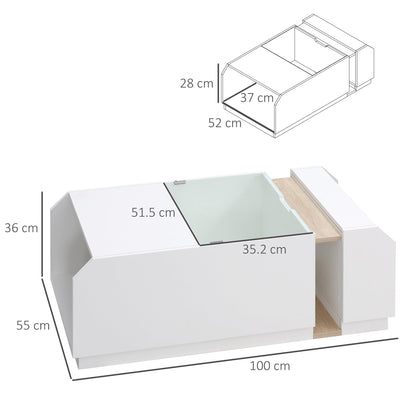 Modern Living Room Table with shelves and hidden compartments in wood and glass, 100x55x36cm - Borgè