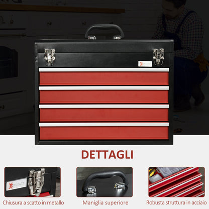 Durhand Steel toolbox with 4 drawers and upper tray, 51x22x39.5 cm, red and black - Borgè