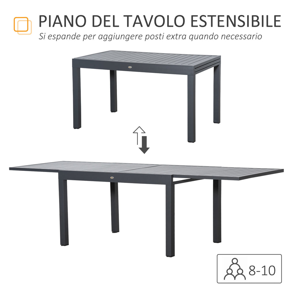 Extendable Garden Table for 8-10 People, Aluminum, 135-270x90x75cm, Grey - Borge' Group Limited