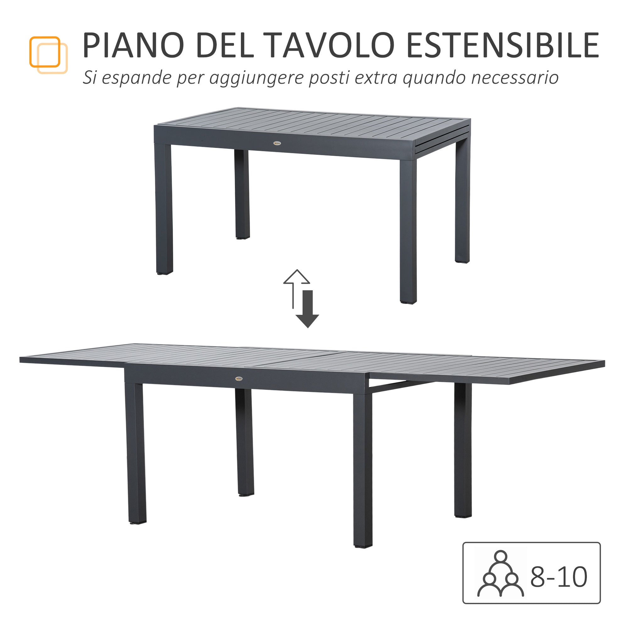 Extendable Garden Table for 8-10 People, Aluminum, 135-270x90x75cm, Grey - Borge' Group Limited