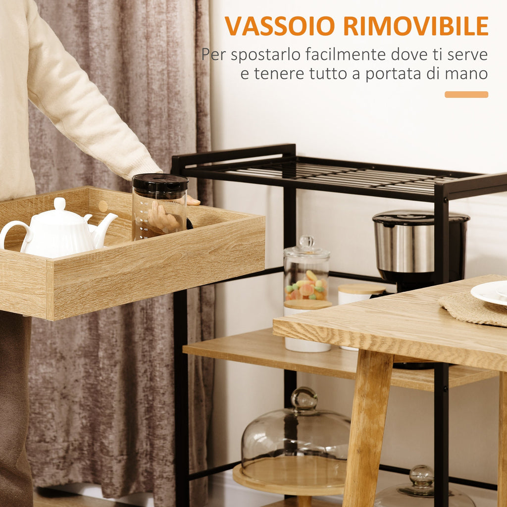 kitchen trolley with 3 shelves with removable tray and swivel wheels, 72x40x94cm, wood and black - Borgè