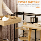 kitchen trolley with 3 shelves with removable tray and swivel wheels, 72x40x94cm, wood and black - Borgè