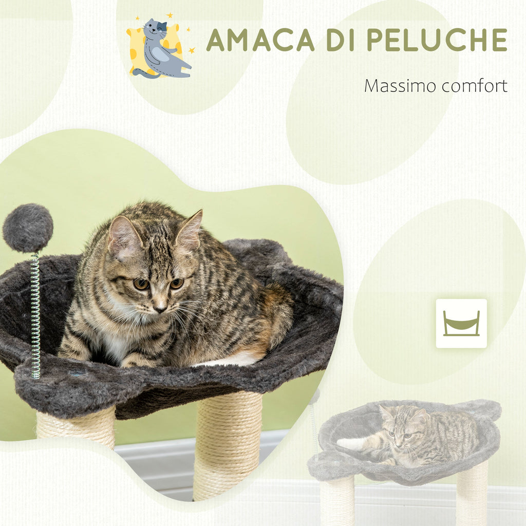 Cat Scratching Post with Plush Hammock, Wooden Base with Toy and Sisal Poles, 53.55x53. 5x66cm, Grey - Borge' Group Limited