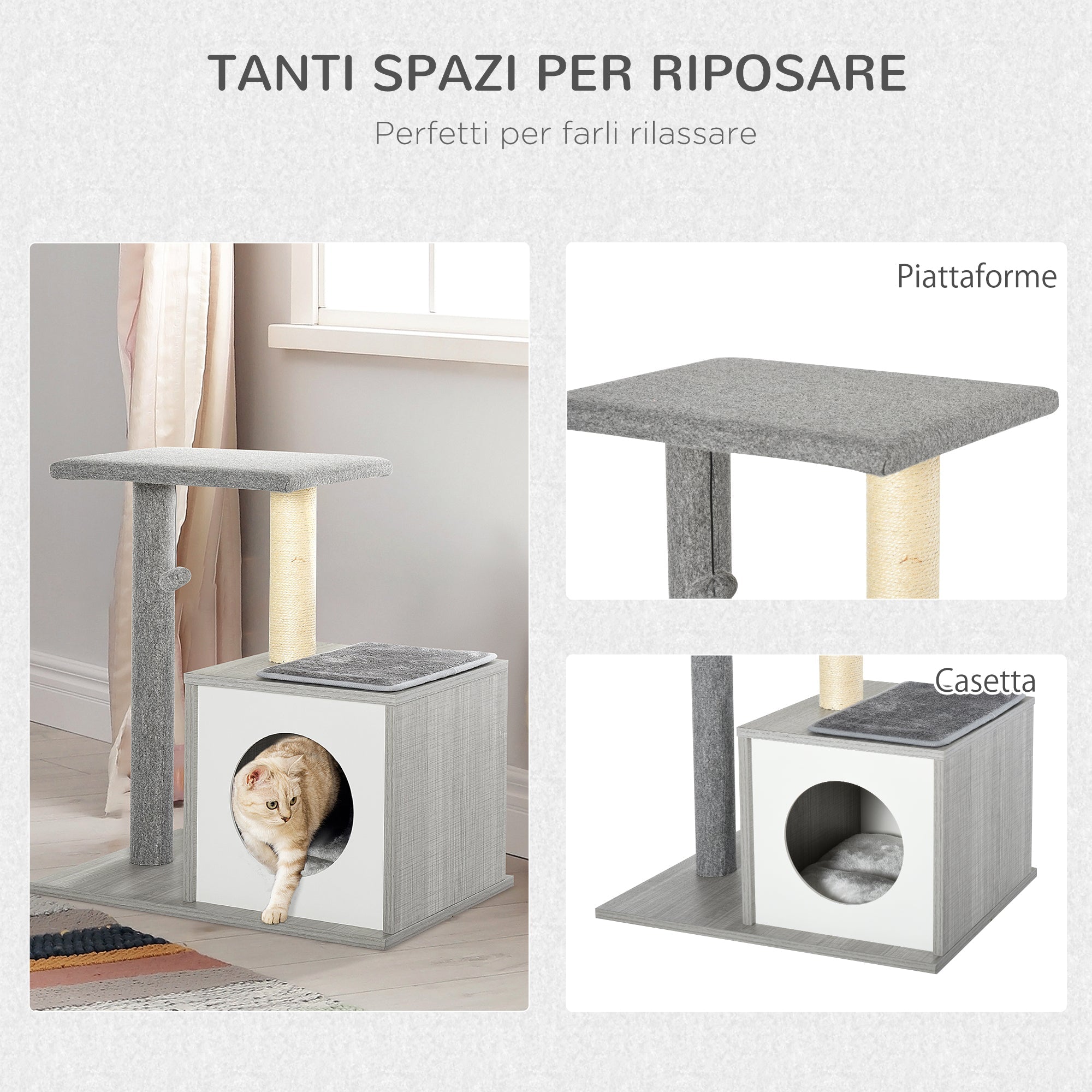 Multi-Level Cat and Kitten Scratching Post with Sisal Rope Bed and Column, Grey, 59 x 39 x 62cm - Borge' Group Limited