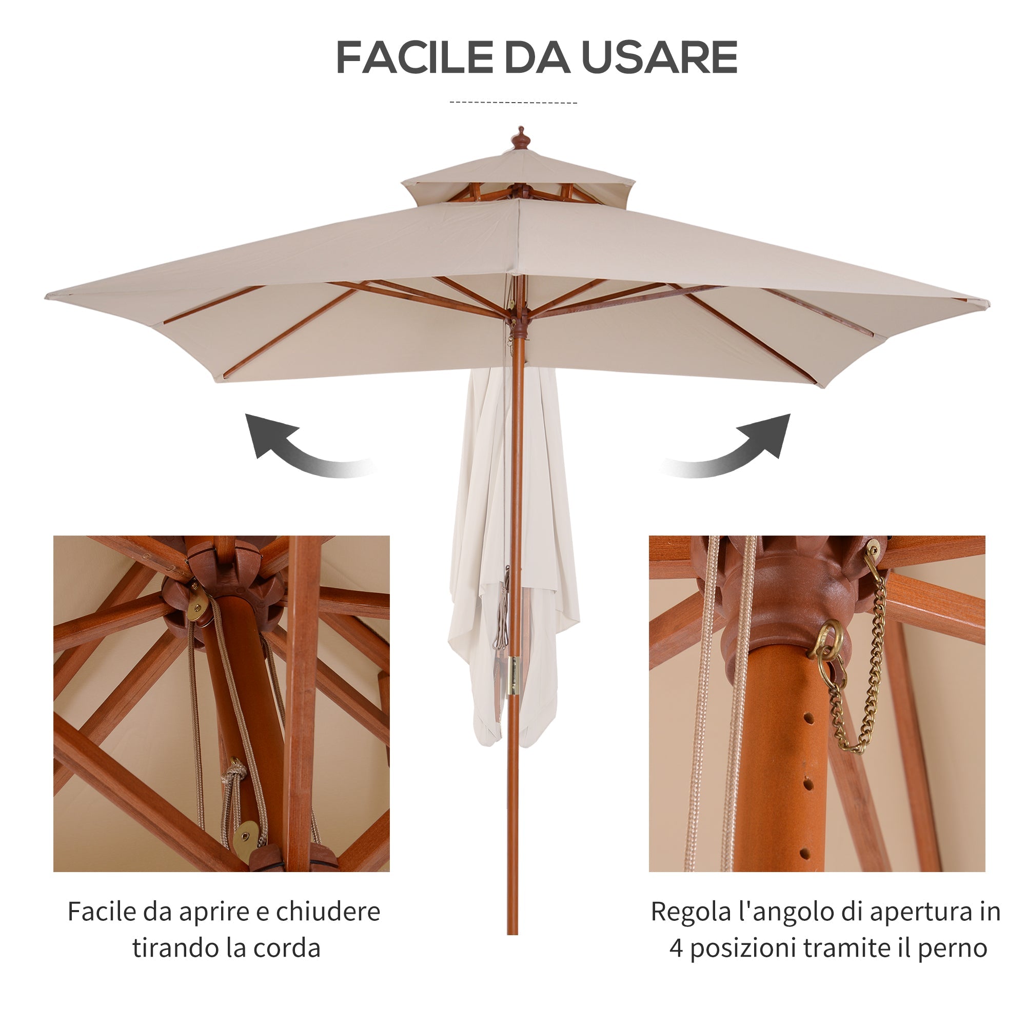3x3m Garden Umbrella with 8 Bamboo Ribs and 2-Tier Parasol Cover, Cream - Borge' Group Limited
