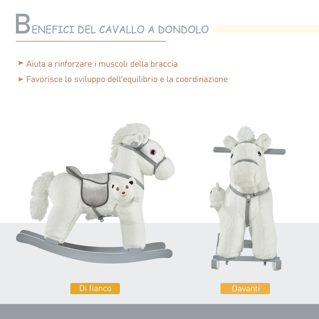 Children's Rocking Horse in Plush and Wood with Sounds and Teddy Bear Included, for Children from 18-36 Months, 65x26x55cm, White - Borgè