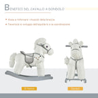 Children's Rocking Horse in Plush and Wood with Sounds and Teddy Bear Included, for Children from 18-36 Months, 65x26x55cm, White - Borgè
