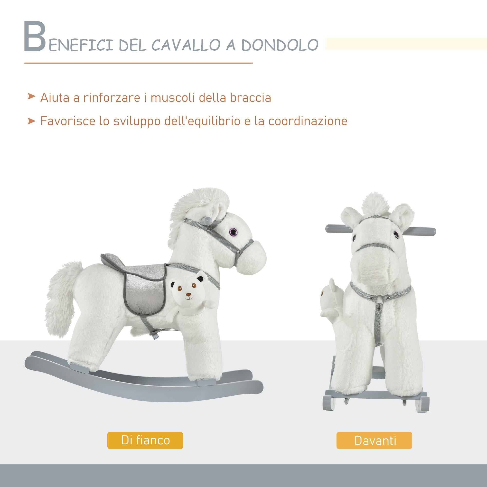 Children's Rocking Horse in Plush and Wood with Sounds and Teddy Bear Included, for Children from 18-36 Months, 65x26x55cm, White - Borgè