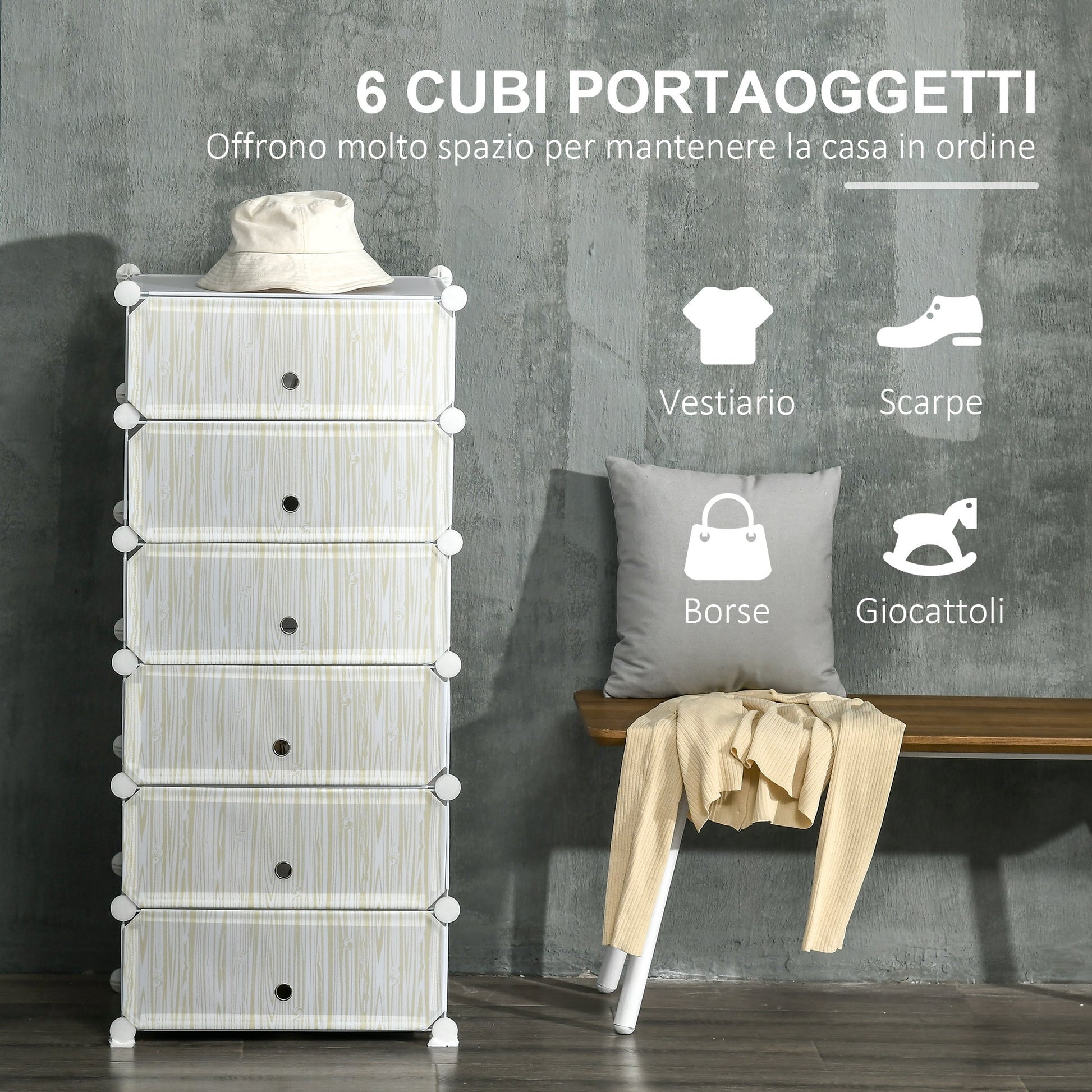 White Shoe Modular Cabinet | 6 Cubes 45x35x17cm Plastic PP and steel | 45x36.5x108cm - Borgè