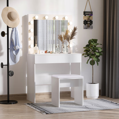 Hollywood Vanity Mirror with 12 LED Lights and White Wooden Stool - Borgè