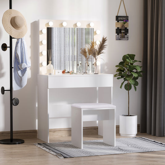 Hollywood Vanity Mirror with 12 LED Lights and White Wooden Stool