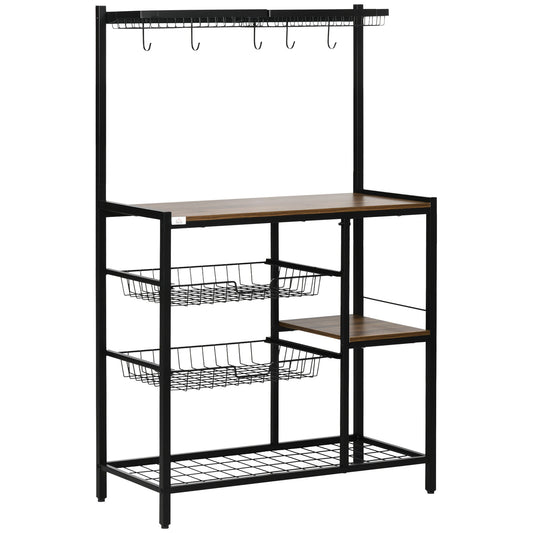 Mobile kitchen with 5 hooks, 3 shelves and 4 baskets in MDF and steel, 83.5x39x133 cm, brown