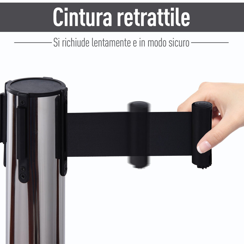 Silver Retractable Bollards | with black ribbon of 2m in Stainless Steel and Nylon | ф32x90cm - Borgè