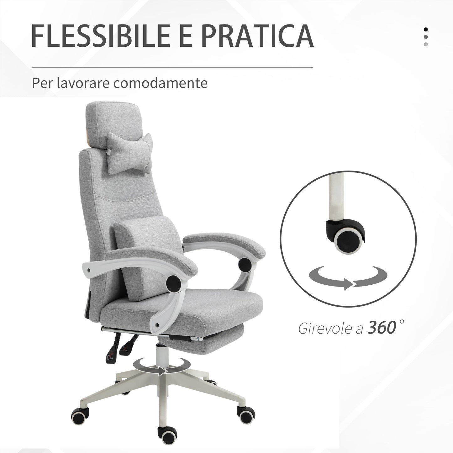 Ergonomic office armchair, lumbar cushion, pest and removable footrest, Grey 62x68x117-127cm - Borgè