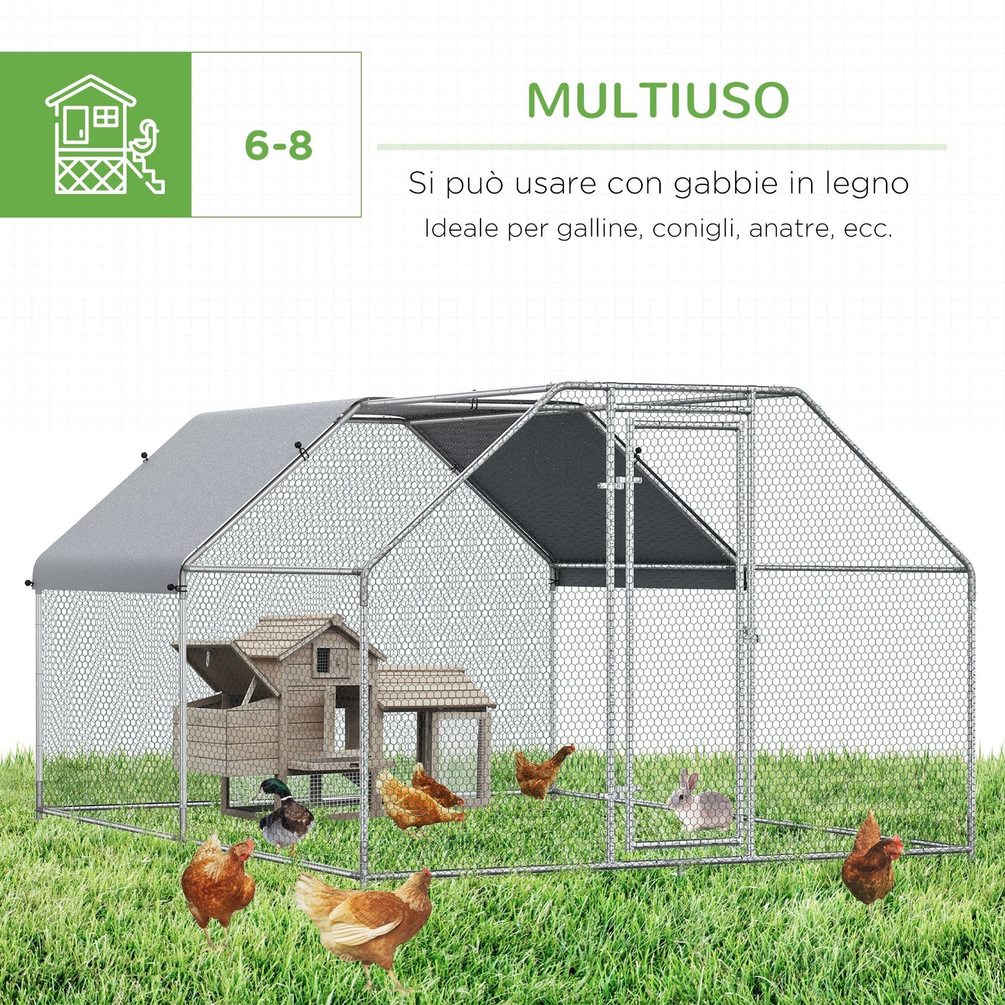 PAWHUT FENCE Chicken Coop with entrance in Galvanized Metal, and Oxford fabric, 280x380x195 cm, silver - Borgè