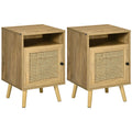 Set 2 modern bedside tables with locker and open shelf, in chipboard and rattan, 39x35x60 cm - Borgè