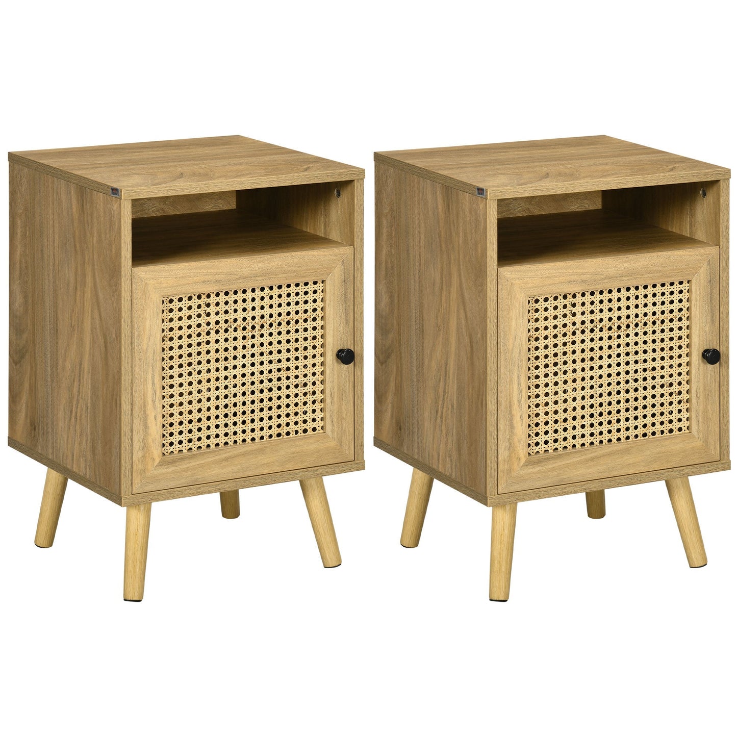 Set 2 modern bedside tables with locker and open shelf, in chipboard and rattan, 39x35x60 cm