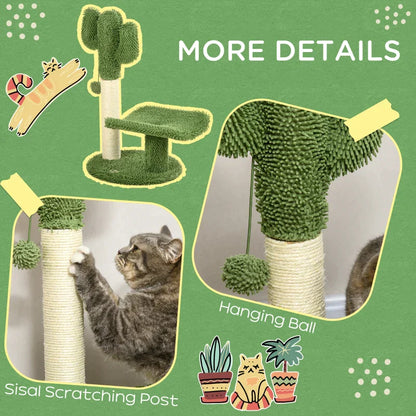 Green and white Cactus Shaped Cat Tree with playing ball | 35x31x55.5 cm - Borgè