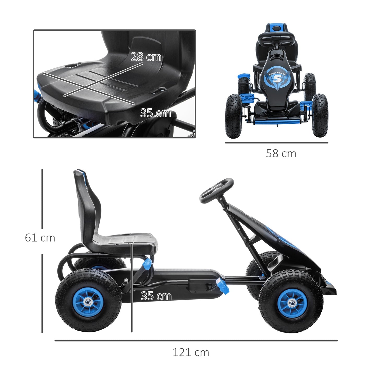 Pedal Go Kart for Children from 5-12 Years with Adjustable Seat and Inflatable Wheels, Blue - Borgè