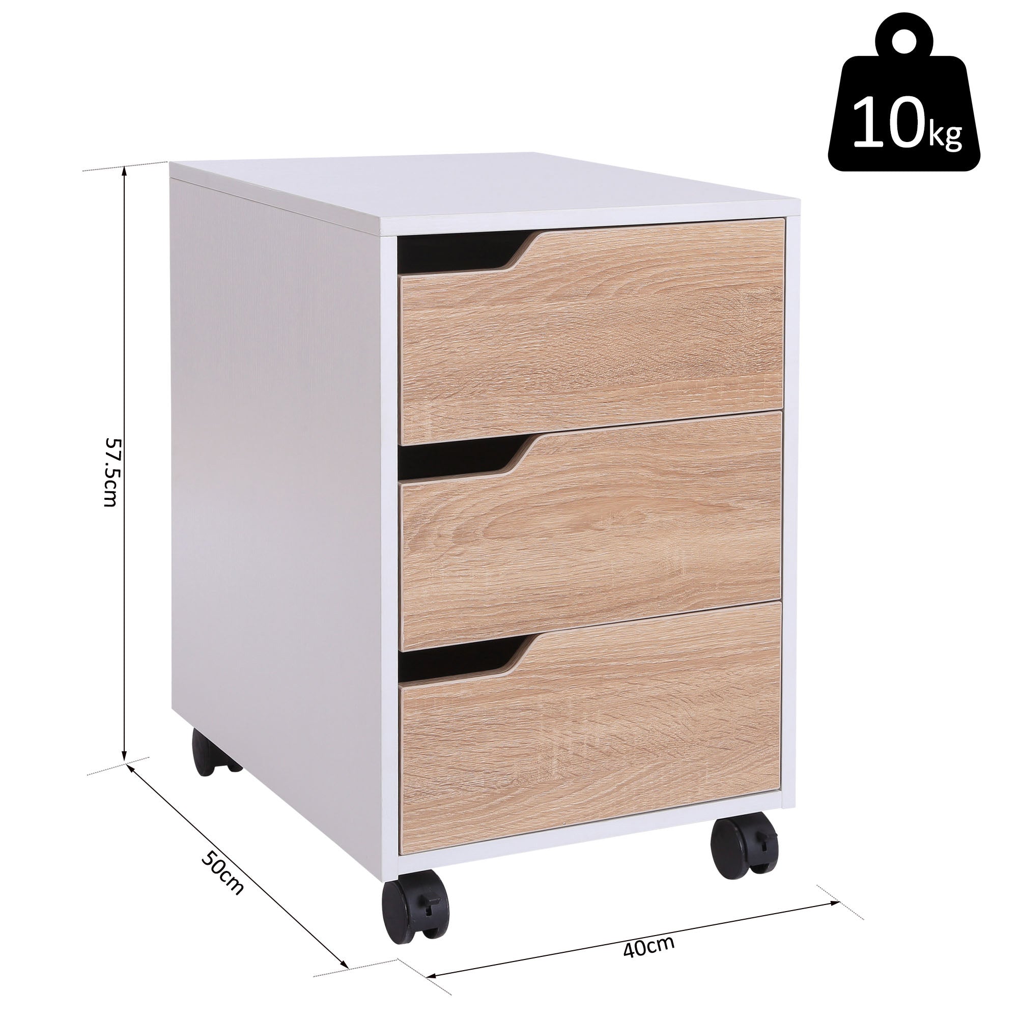 MDF chest of drawers with 3 drawers and wheels for office or white and wood study, 40x50x57.5cm - Borgè