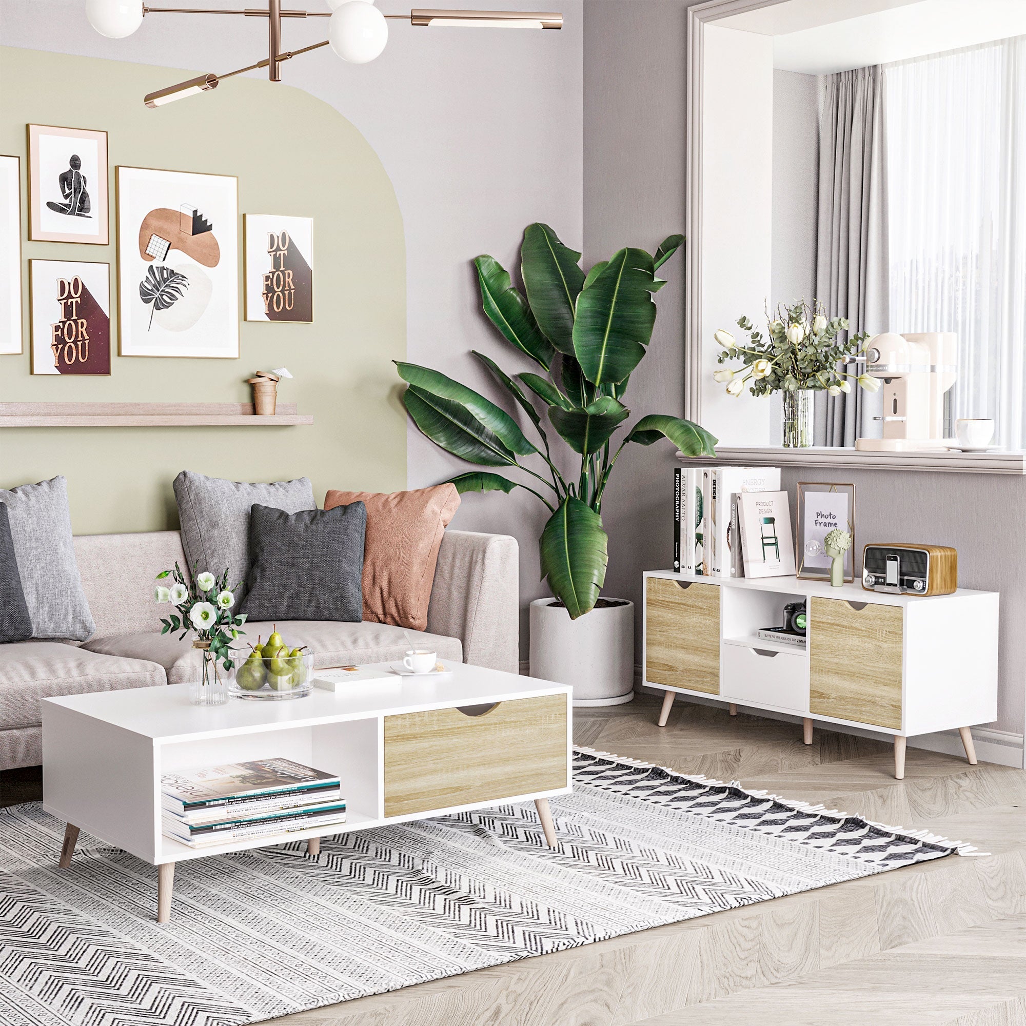 Modern Moder Mobile Max 50 "in chipboard with drawers, open shelves and lockers, 110x40x50 cm, white and wood color - Borgè