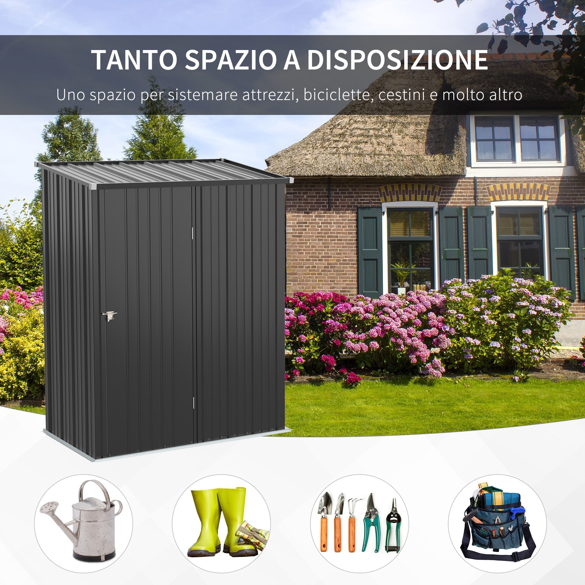 Garden Shed Tool Storage Shed in Steel Sheet with Lock, 161.5x94. 5x196cm, Black - Borge' Group Limited