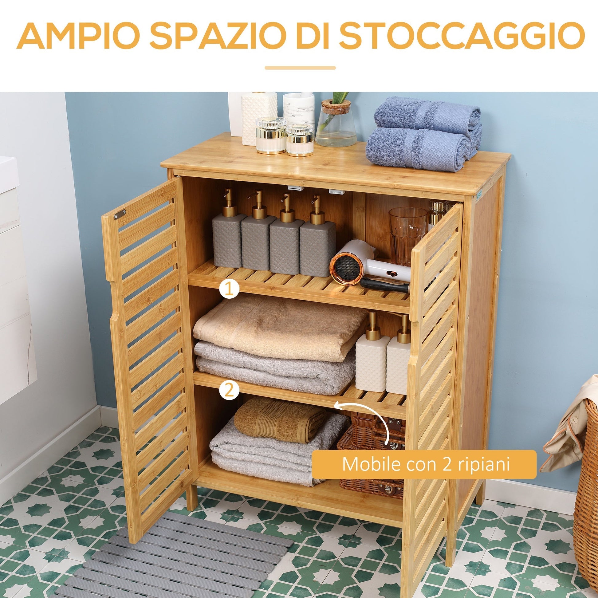 Kleankin Modern Bathroom Cabinet with 2 doors with 2 ventilated bamboo shelves, 68x32x86 cm, wood color - Borgè